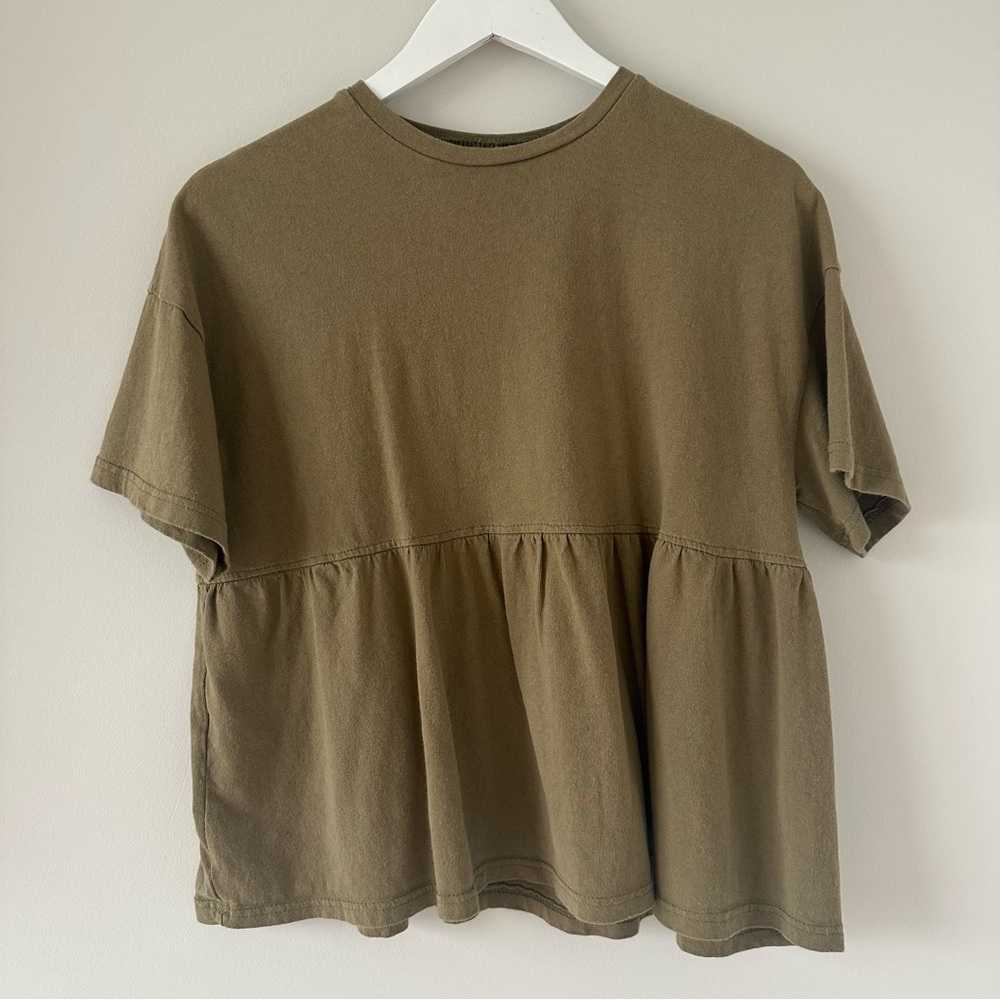 Women’s Olive Green Peplum Short Sleeve Blouse Top Casual Womens Size Small Boho